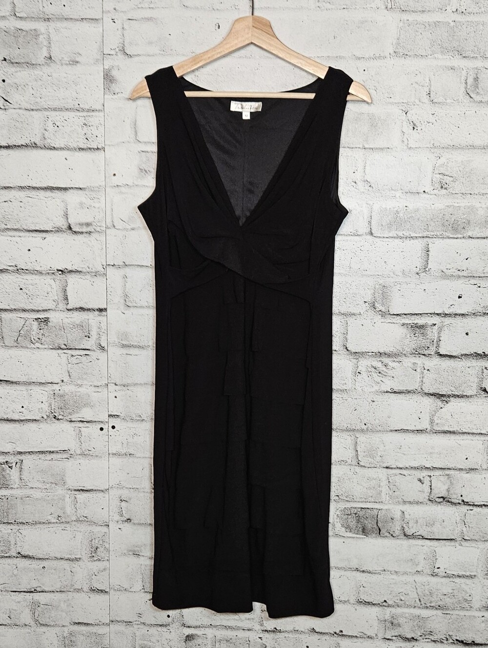 Tradition Black Sleeveless Midi Dress Draped V Neck Formal Size 12